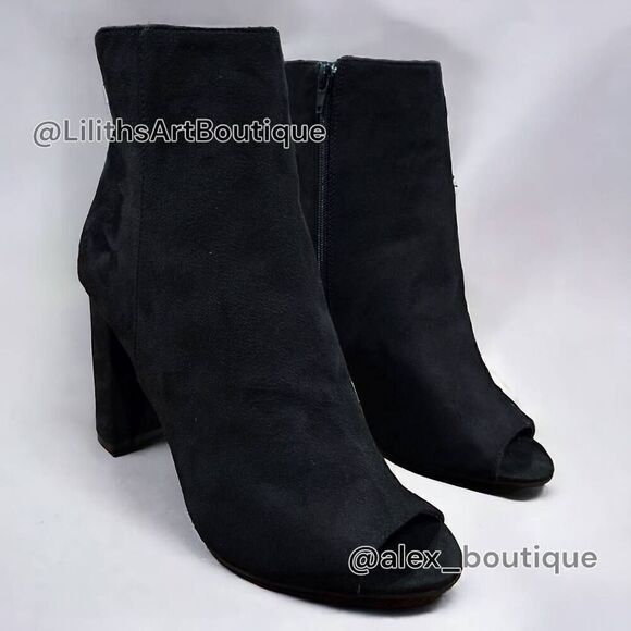 Fashion Nova Black Suede Peep Toe Ankle Block Heel Booties(F007)Size 10 - Picture 3 of 12